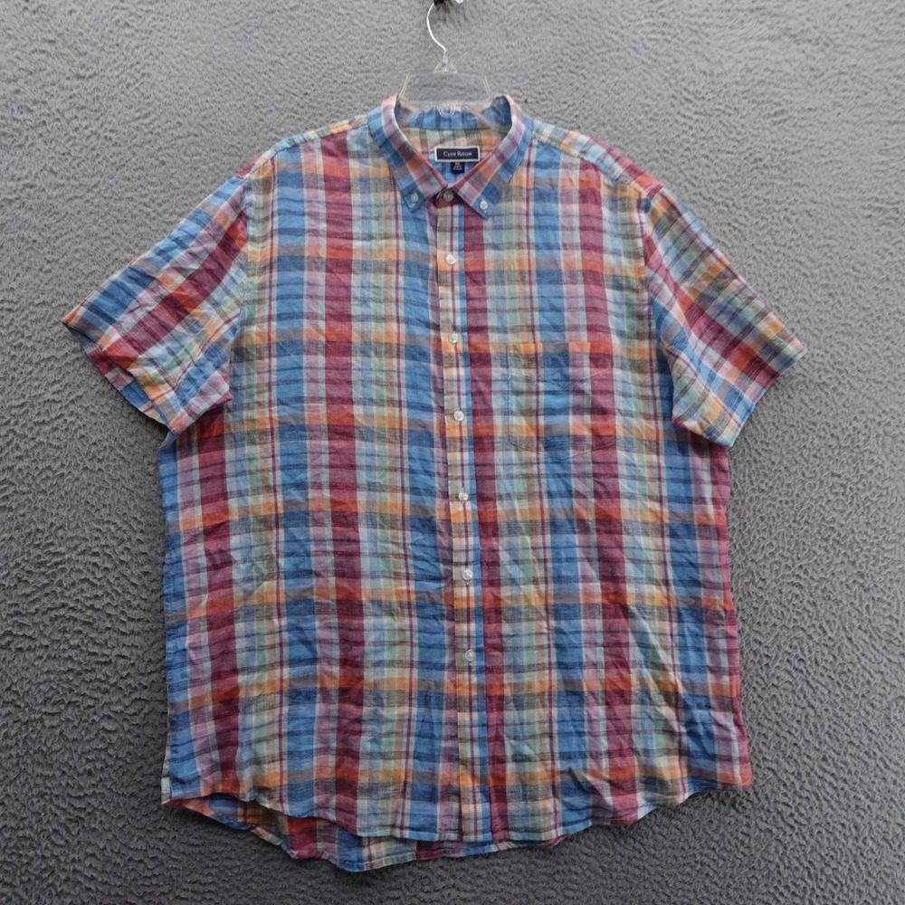 Club Room Plaid Linen Blend Shirt Button Down XXL Multicolor Mens Casual Summer